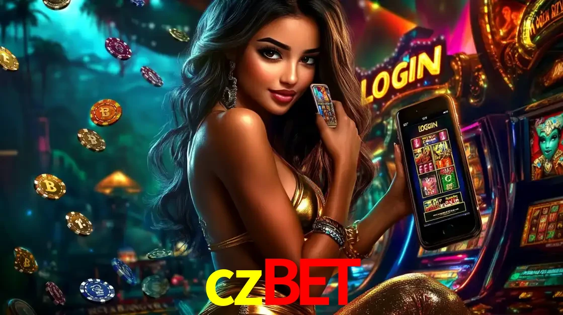 Mulher em um cenário de cassino temático de aventura, mostrando o app de caça-níqueis da czbet no celular. Fichas de apostas flutuam ao redor.