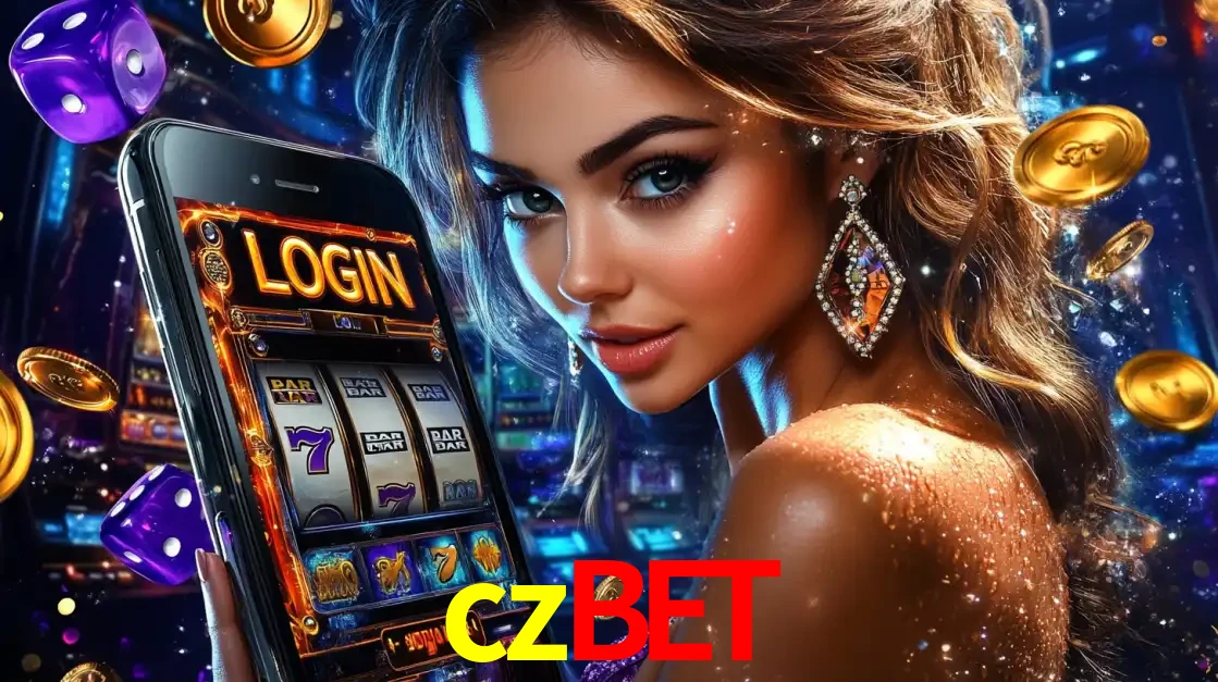 Mulher glamorosa segurando um smartphone com a tela de login para os jogos de caça-níqueis do cassino online czbet, com moedas de ouro e dados ao redor.